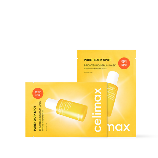 Celimax Pore and Dark Spot Brightening Serum Mask box and sheet mask in white and yellow minimalist packaging