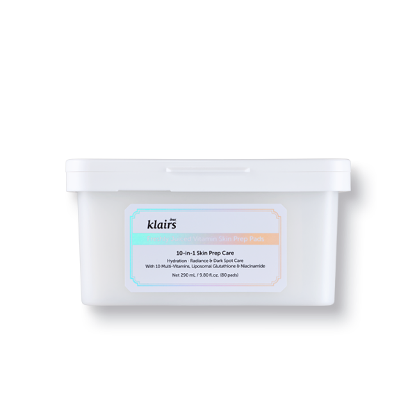 Dear Klairs Freshly Juiced Vitamin Skin Prep Pads in a clear jar with yellow pads