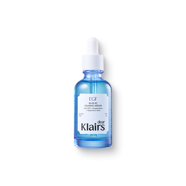 Dear Klairs EGF Blue AC Calming Serum in a 50g blue glass dropper bottle