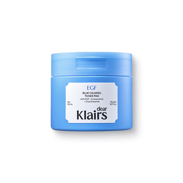 Dear Klairs EGF Blue Calming Toner Pad jar with soothing blue pads inside