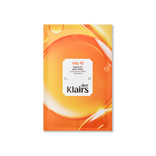 Dear Klairs Vita 10 Radiance sheet mask box in white with yellow citrus accents