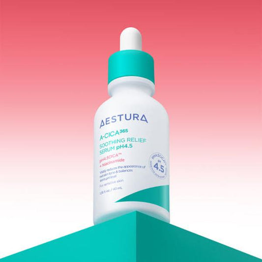 Aestura A-Cica soothing relief serum in a white pump bottle with green accents
