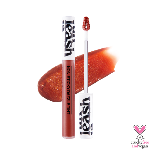 Unleashia Non-Sticky Dazzle Tint lip gloss in a clear tube with visible glitter particles