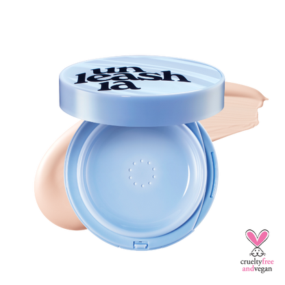 Unleashia Babe Skin cushion foundation in a pastel baby blue compact case
