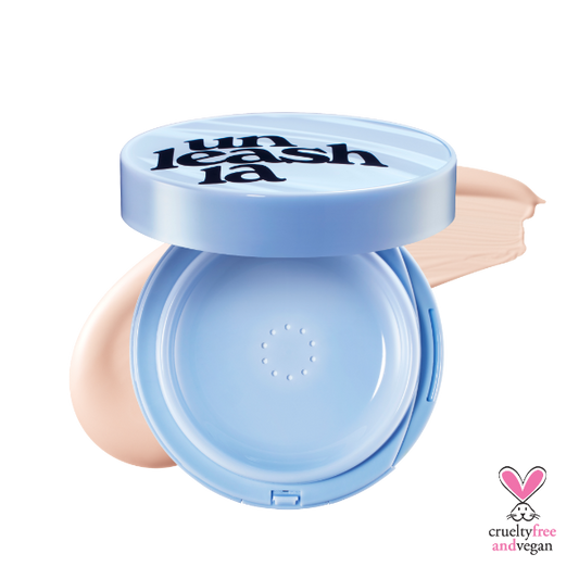 Unleashia Babe Skin cushion foundation in a pastel baby blue compact case