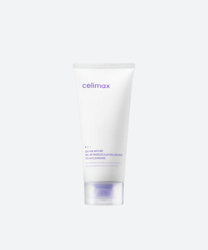 Celimax Derma Nature Relief Madecica pH Balancing Foam Cleansing in a white and green squeeze tube packaging