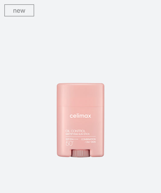 Celimax Oil Control Mattifying Sun Stick in a blue and white twist-up tube with a clear cap and matte finish