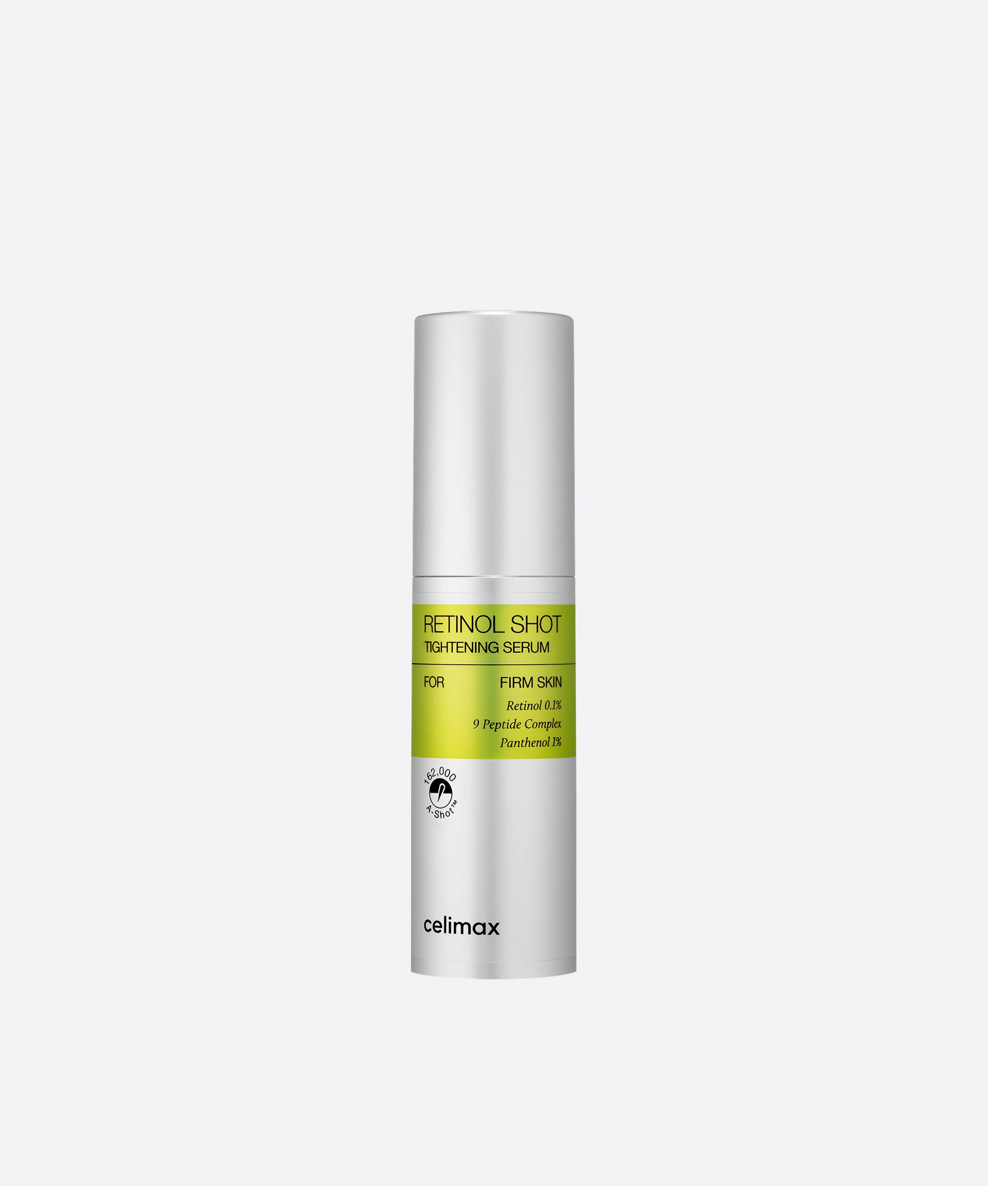 Celimax The Vita-A Retinol Shot Tightening Serum in a yellow and silver pump bottle with a clear cap