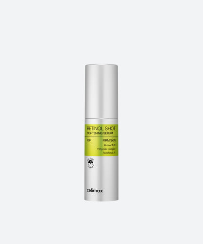 Celimax The Vita-A Retinol Shot Tightening Serum in a yellow and silver pump bottle with a clear cap
