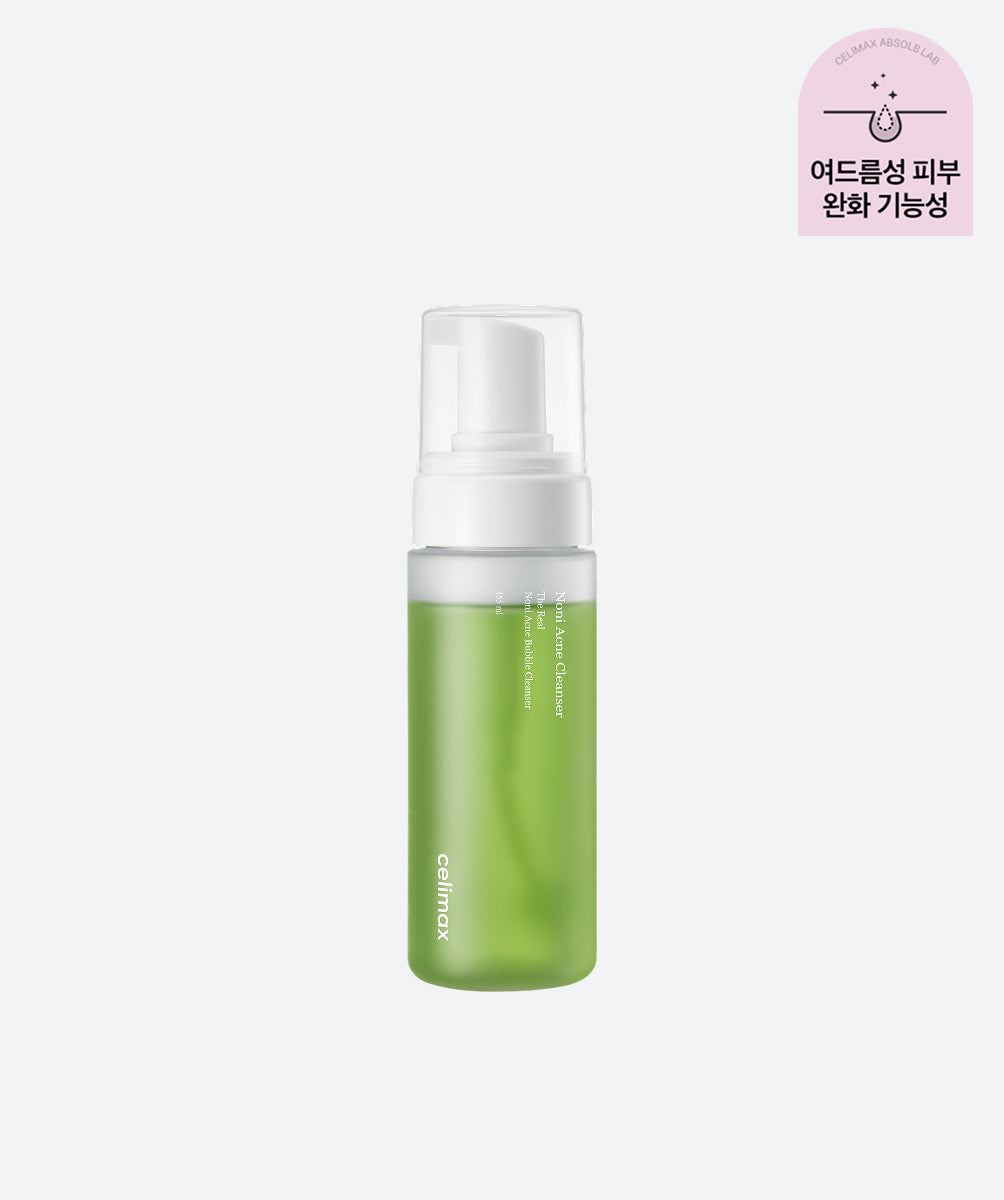 Celimax The Real Noni Acne Bubble Cleanser in a clear pump bottle with green liquid and white foam dispenser