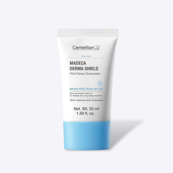 Centellian24 Madeca Derma Shield Vital Dewy Sun Cream in white and coral tube
