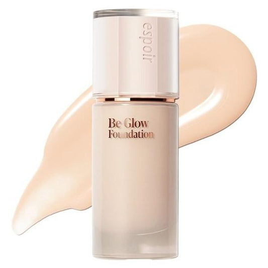 Espoir Be Glow Foundation in 20C Cool Vanilla 30g in a sleek glass bottle with a pink cap