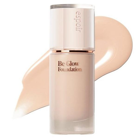 Espoir Be Glow Foundation in shade 21C Cool Ivory in a clear glass bottle with a metallic gold cap
