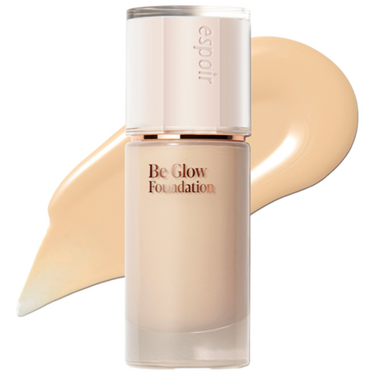 Espoir Be Glow Foundation in 22N Neutral Petal, a liquid base with a sleek glass bottle
