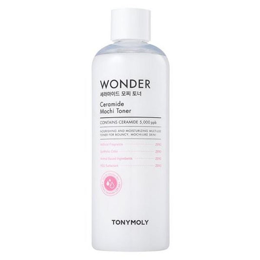 Tonymoly Wonder Ceramide Mochi Toner in a large white 500ml pump bottle