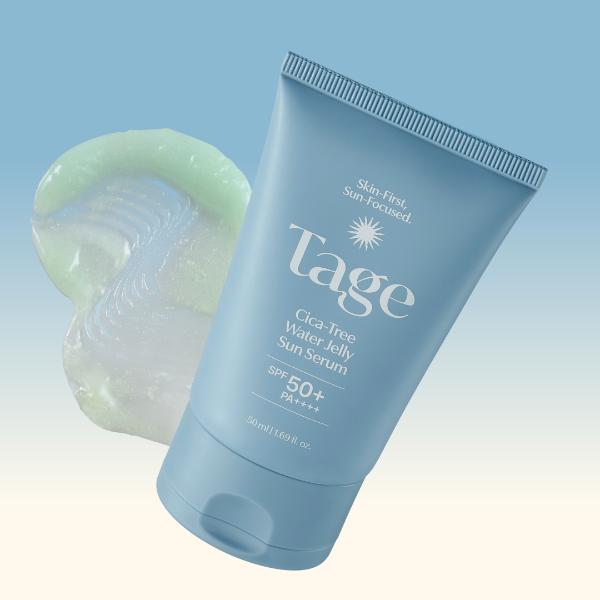 Tage Cica-Tree Water Jelly Sun Serum in a 50ml green pump bottle