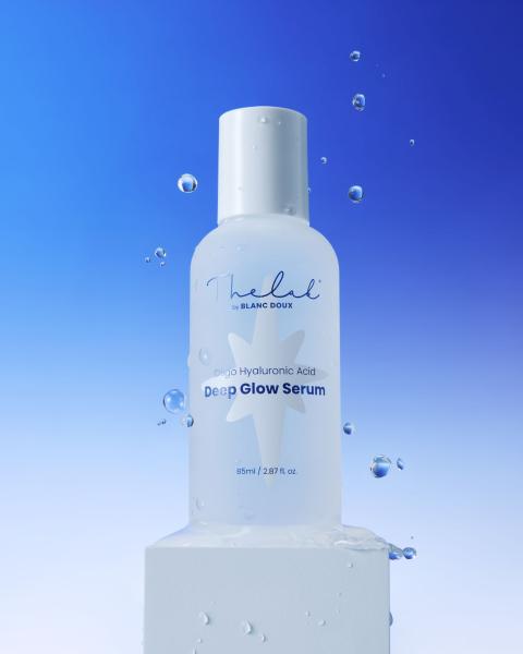 The Lab by Blanc Doux Oligo Hyaluronic Acid Deep Glow Serum in a clear blue bottle with a dropper