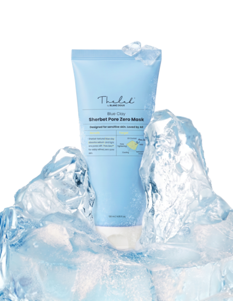 The Lab by Blanc Doux BlueClay Sherbet Pore Zero Mask in a white jar with light blue formula