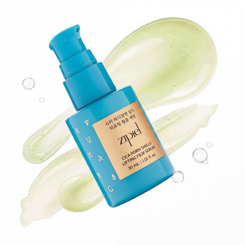 Zipiel Cica PDRN Shield Lifting Film Serum in a clear glass bottle with a silver dropper cap and green label text