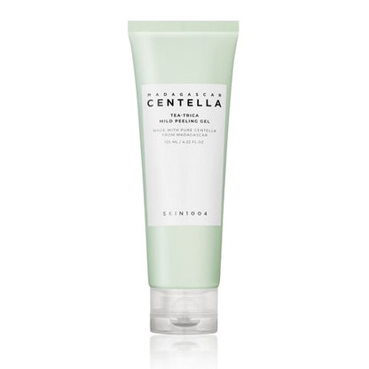 SKIN1004 Madagascar Centella Tea-Trica Mild Peeling Gel in a white and forest green squeeze tube packaging
