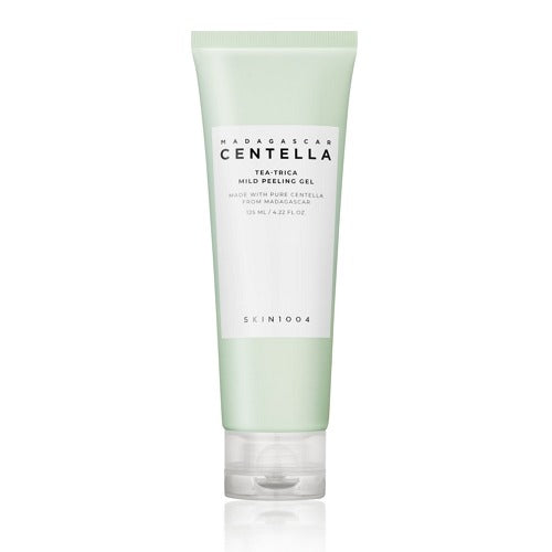 SKIN1004 Madagascar Centella Tea-Trica Mild Peeling Gel in a white and forest green squeeze tube packaging