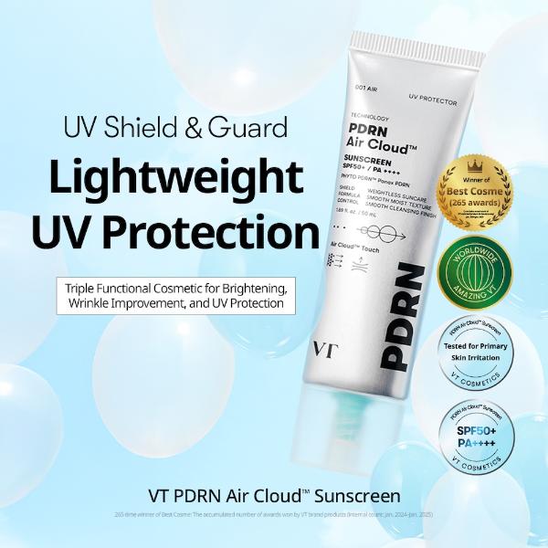 VT Cosmetics PDRN Air Cloud Sunscreen in a slender white tube with light blue accents