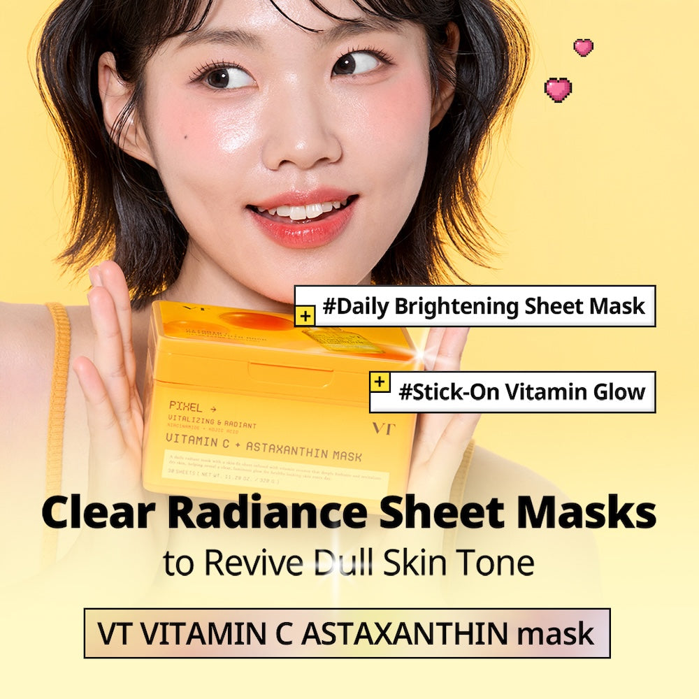 VT Cosmetics Vitamin C Astaxanthin Mask in a large square orange tub with 30 sheet masks inside