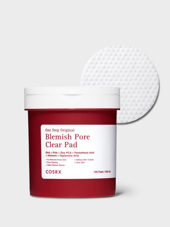 Cosrx One Step Original Blemish Clear Pad in a white plastic jar with a red label and cartoon doctor character