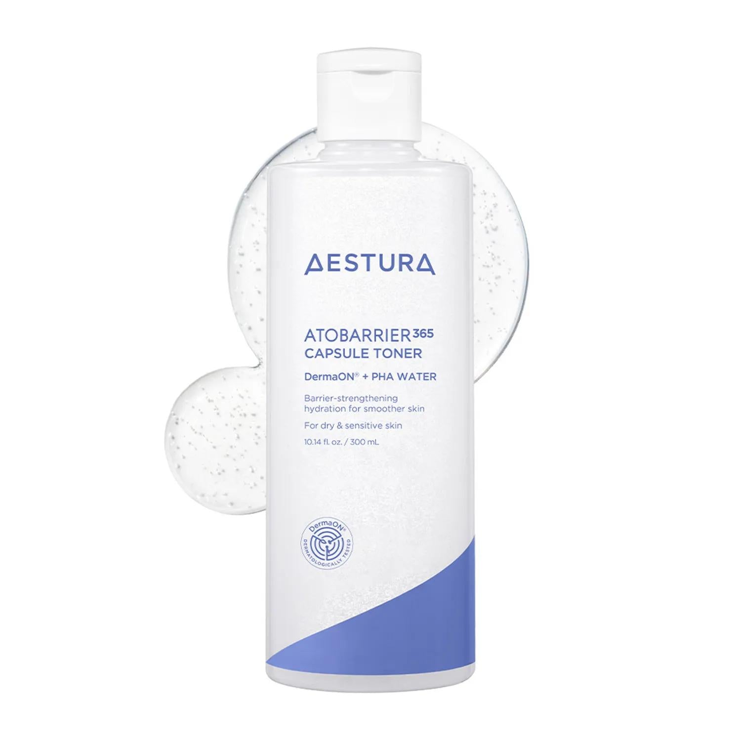 Aestura Atobarrier 365 Capsule Toner in a large clear bottle featuring visible white suspended ceramide capsules