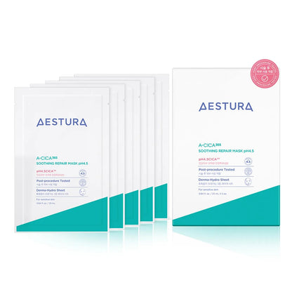 Aestura A-Cica 365 Soothing Repair Mask Sheet in a white and green box with five individual sheet mask pouches