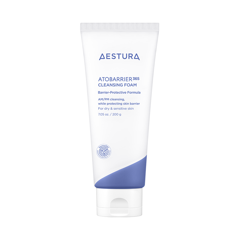 Aestura Atobarrier 365 Cleansing Foam in a white squeeze tube with a blue cap and minimalist medical branding