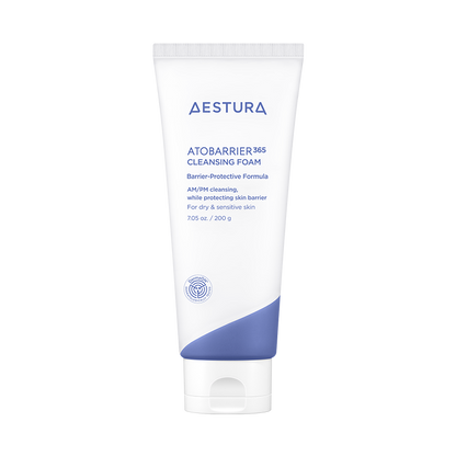 Aestura Atobarrier 365 Cleansing Foam in a white squeeze tube with a blue cap and minimalist medical branding