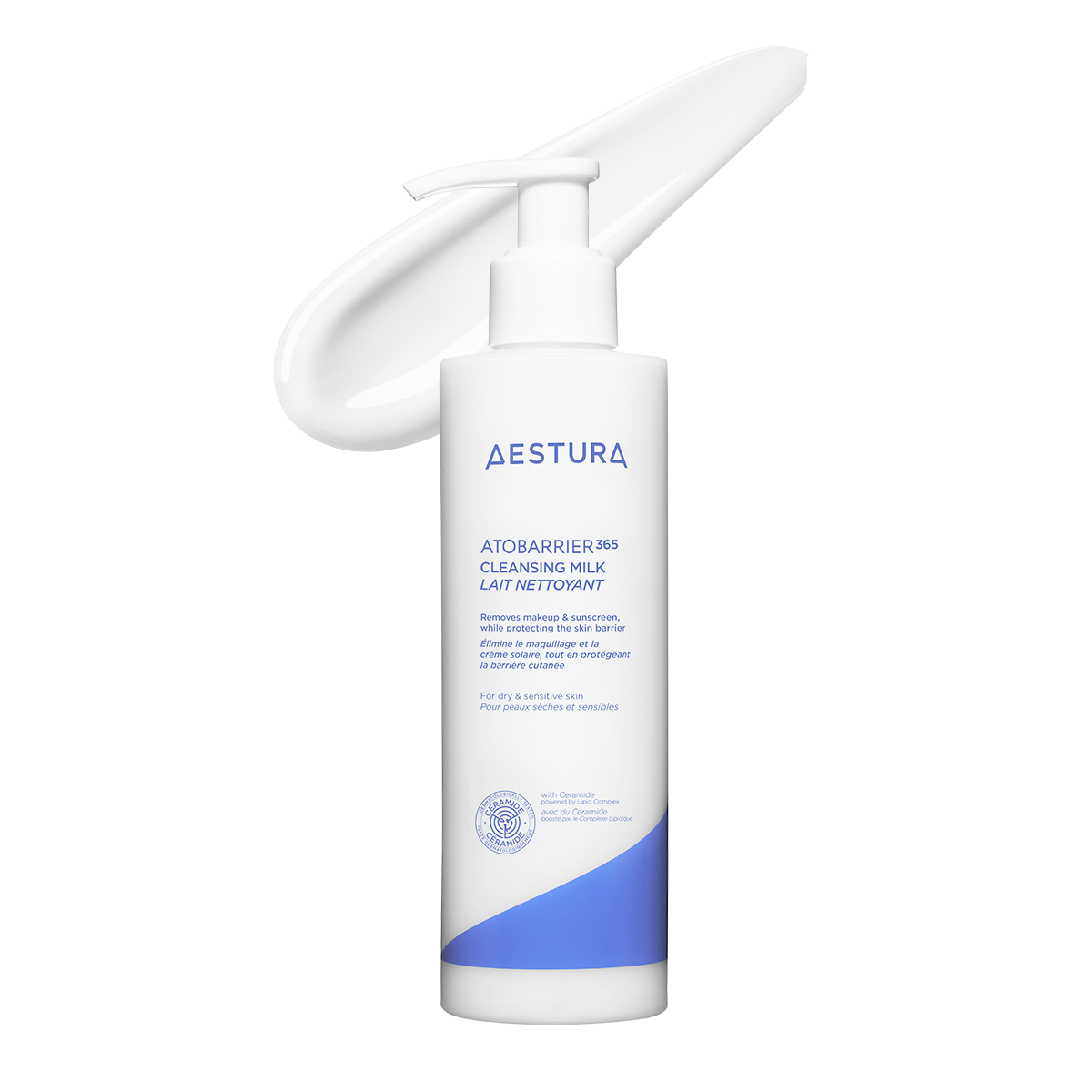 Aestura Atobarrier 365 Cleansing Milk in a white pump bottle with blue and grey accents