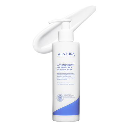 Aestura Atobarrier 365 Cleansing Milk in a white pump bottle with blue and grey accents