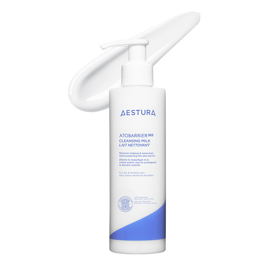 Aestura Atobarrier 365 Cleansing Milk in a white pump bottle with blue and grey accents