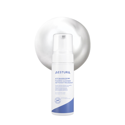 Aestura Atobarrier 365 Foaming Cleanser in a white pump bottle with blue accents and a clear plastic cap