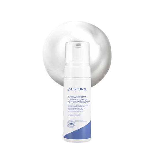 Aestura Atobarrier 365 Foaming Cleanser in a white pump bottle with blue accents and a clear plastic cap
