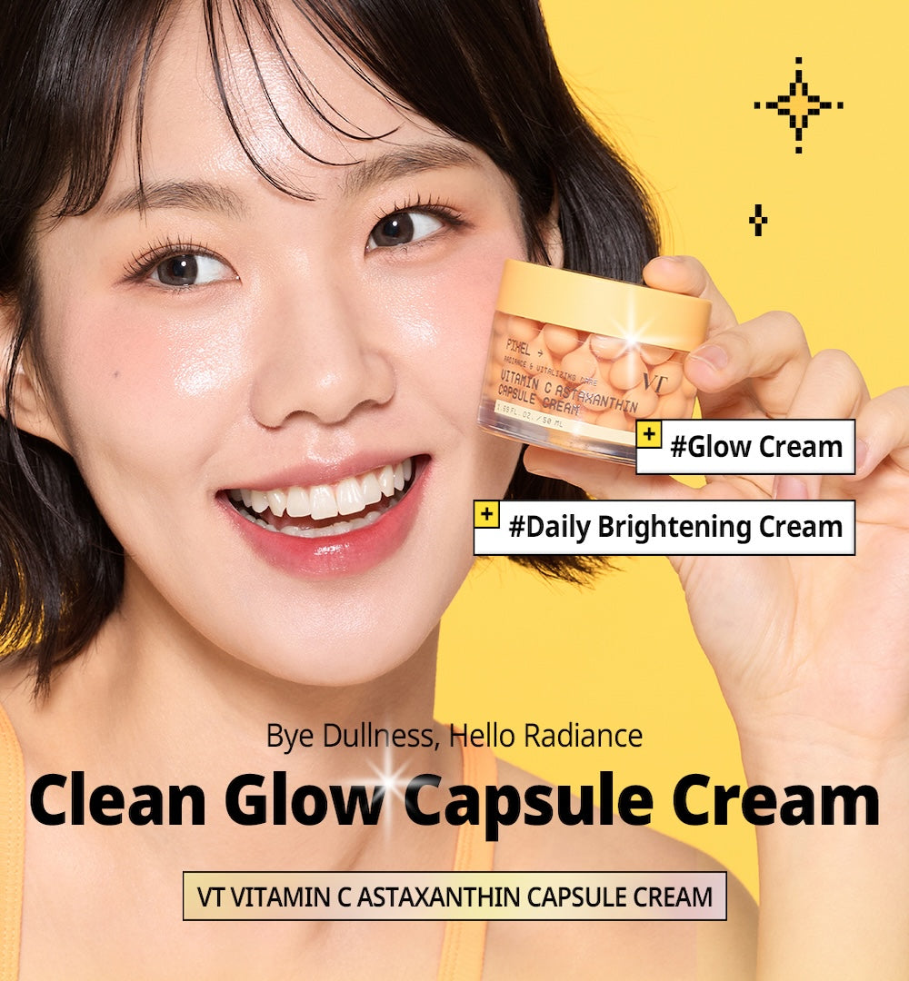 VT Cosmetics Vitamin C Astaxanthin Capsule Cream in a clear jar with orange gel and suspended cream capsules