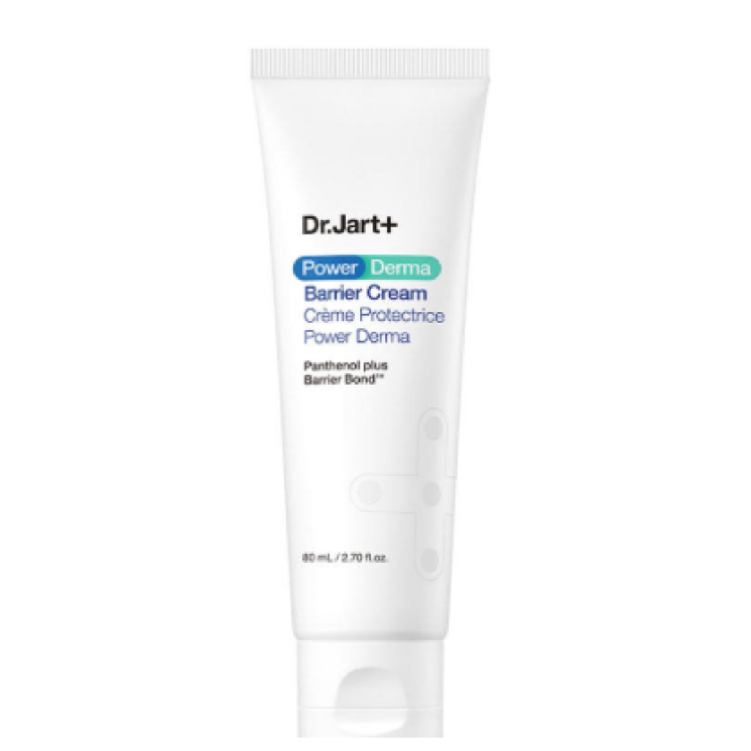 Dr. Jart+ Power Derma Barrier Cream in a white and blue squeeze tube with a silver screw cap