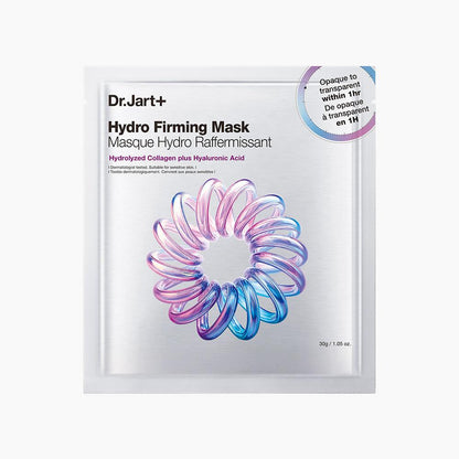Dr.Jart+ Hydro Firming Mask in a white sheet mask pouch with a blue and silver pill graphic design