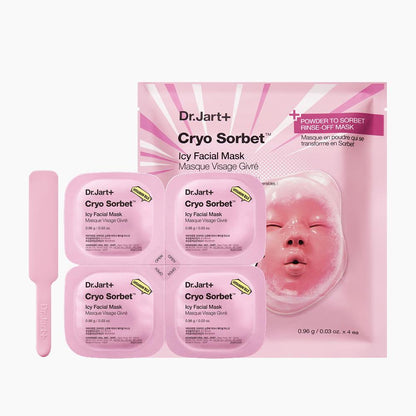 Dr. Jart+ Cryo Sorbet Icy Cooling Facial Mask set in a bright blue and white box with a round gel texture graphic