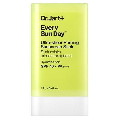 Dr.Jart+ Every Sun Day Invisible Priming Sunscreen Stick in a yellow and white twist-up tube with a clear gel formula