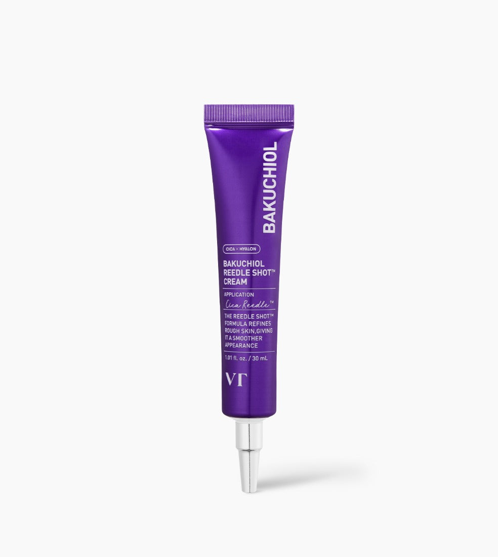 VT Cosmetics Bakuchiol Reedle Shot Cream 30ml in a purple and silver pump bottle with a smooth cream texture