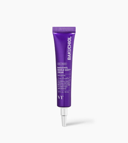 VT Cosmetics Bakuchiol Reedle Shot Cream 30ml in a purple and silver pump bottle with a smooth cream texture