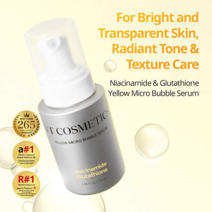 VT Cosmetics Niacinamide Glutathione Yellow Micro Bubble Serum in a clear bottle with bright yellow foaming liquid inside
