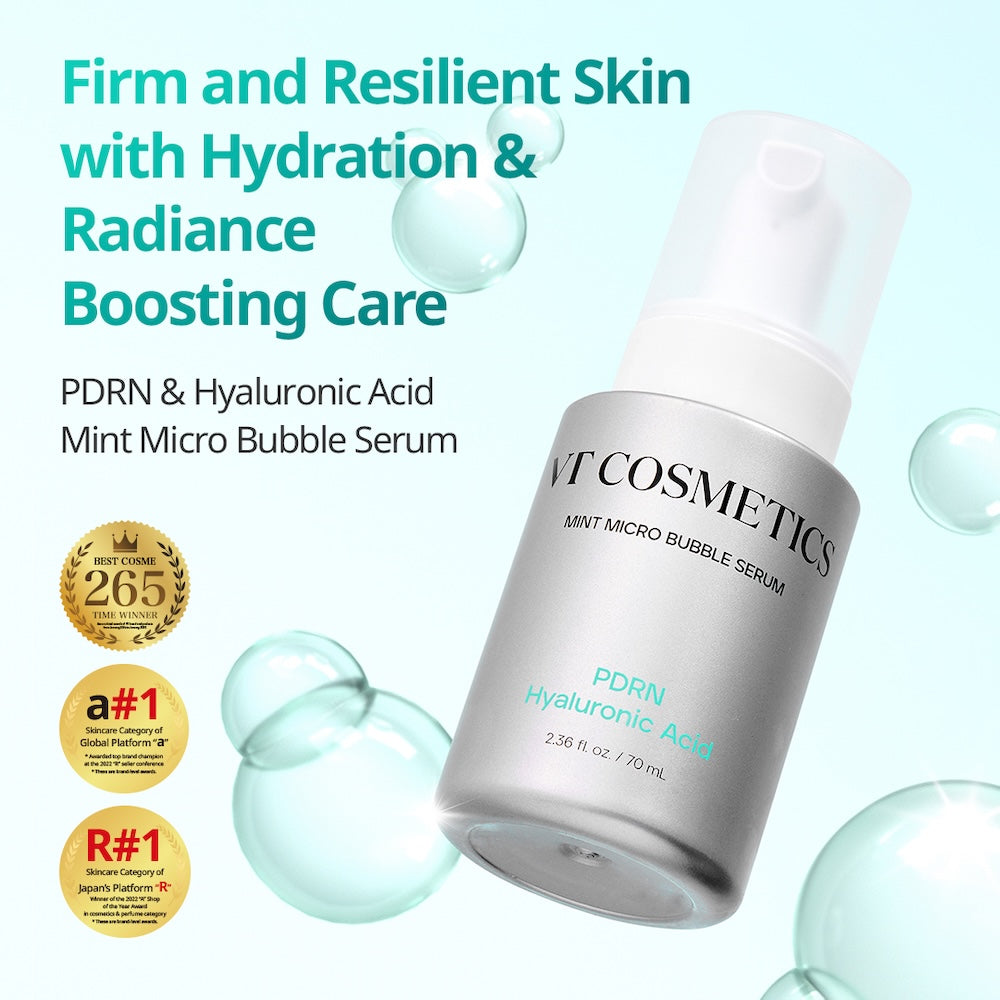 VT Cosmetics PDRN Hyaluronic Acid Micro Bubble Serum in a silver pump bottle with blue accents and foam texture