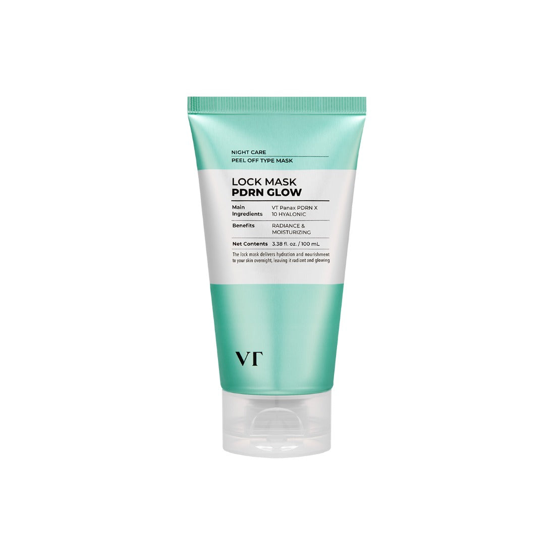 VT Cosmetics Glow Lock Mask in a white squeeze tube with a glossy pink and silver holographic label design