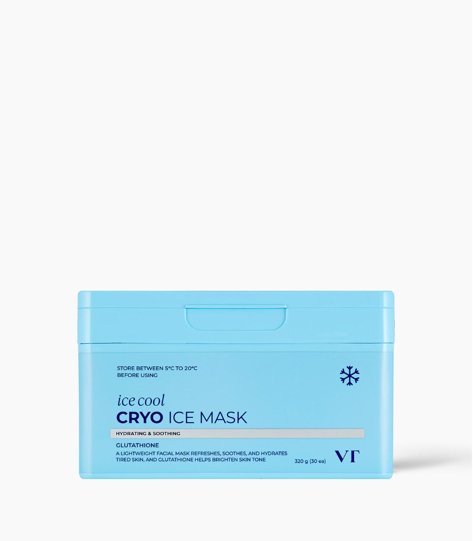 VT Cosmetics Cryo Ice Mask in a large silver and blue bulk tub containing thirty individual sheet masks