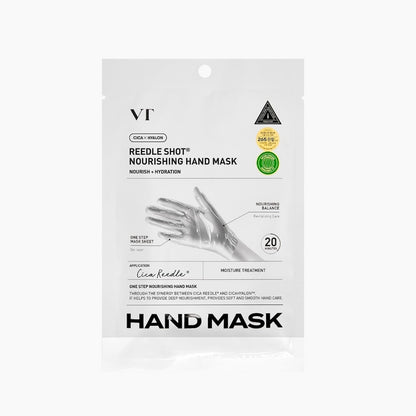 VT Cosmetics Reedle Shot Nourishing Hand Mask in a white and silver rectangular pouch with a minimalist design