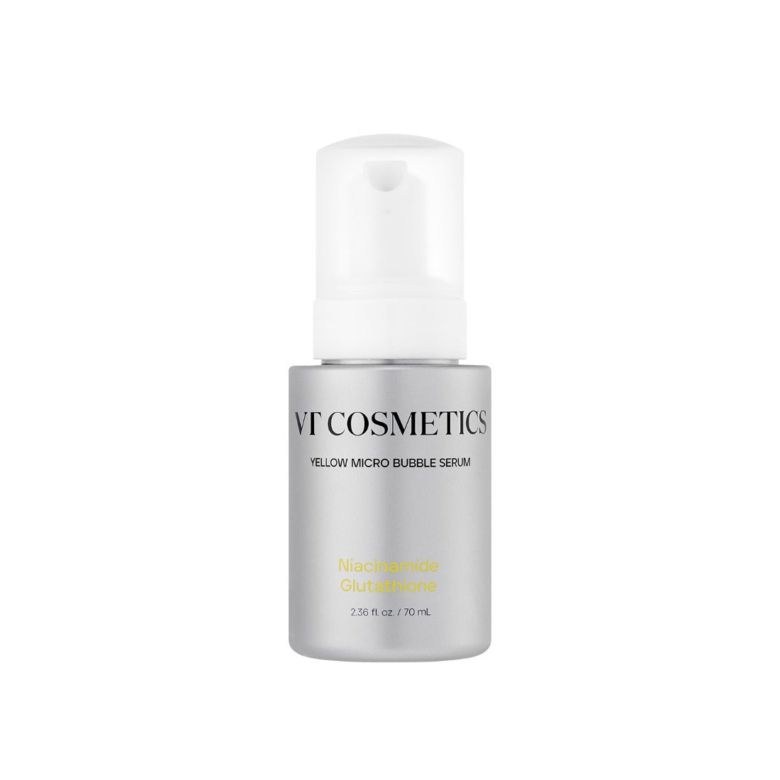 VT Cosmetics Niacinamide Glutathione Yellow Micro Bubble Serum in a clear bottle with bright yellow foaming liquid inside